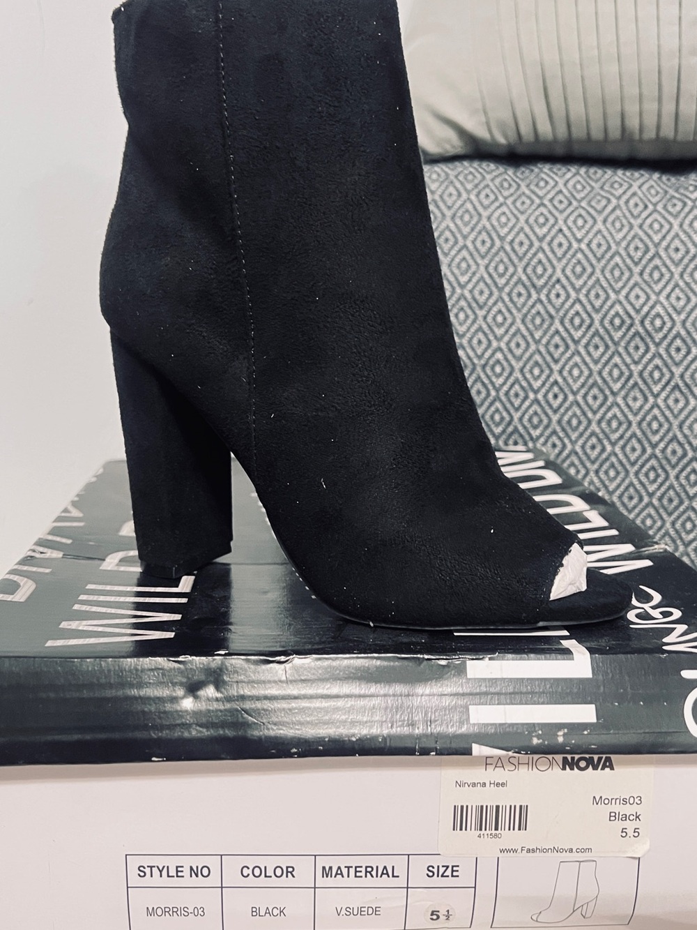 Fashion Nova Nirvana Heels. Black Suede Peep Toe Block Heel Booties